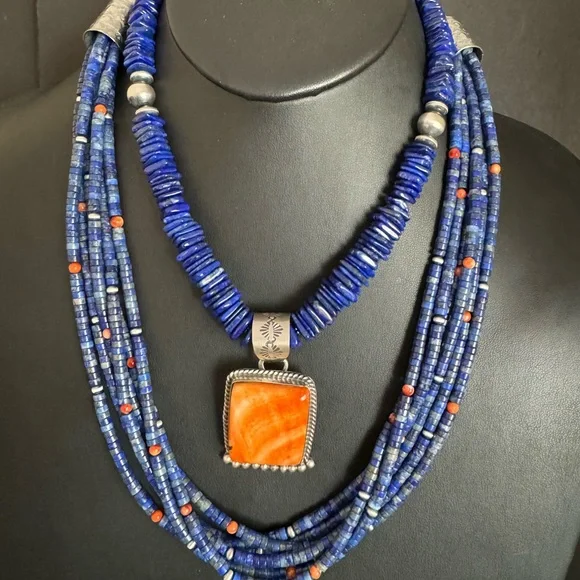 Sterling silver spiny oyster lapis necklace set